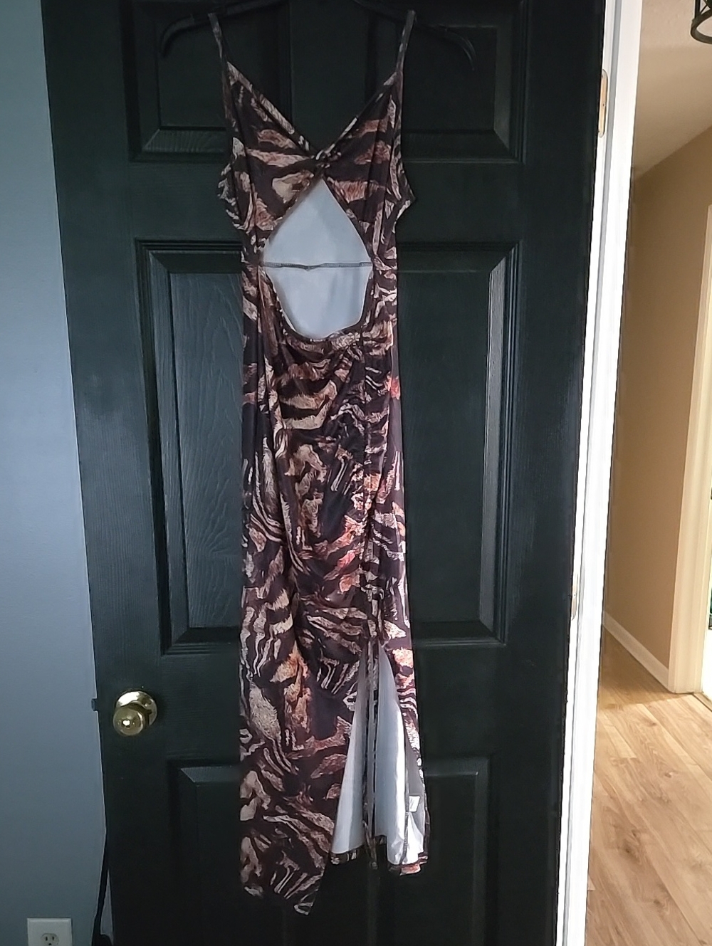 SHEIN Brown and Black Abstract Print Cutout Maxi Dress